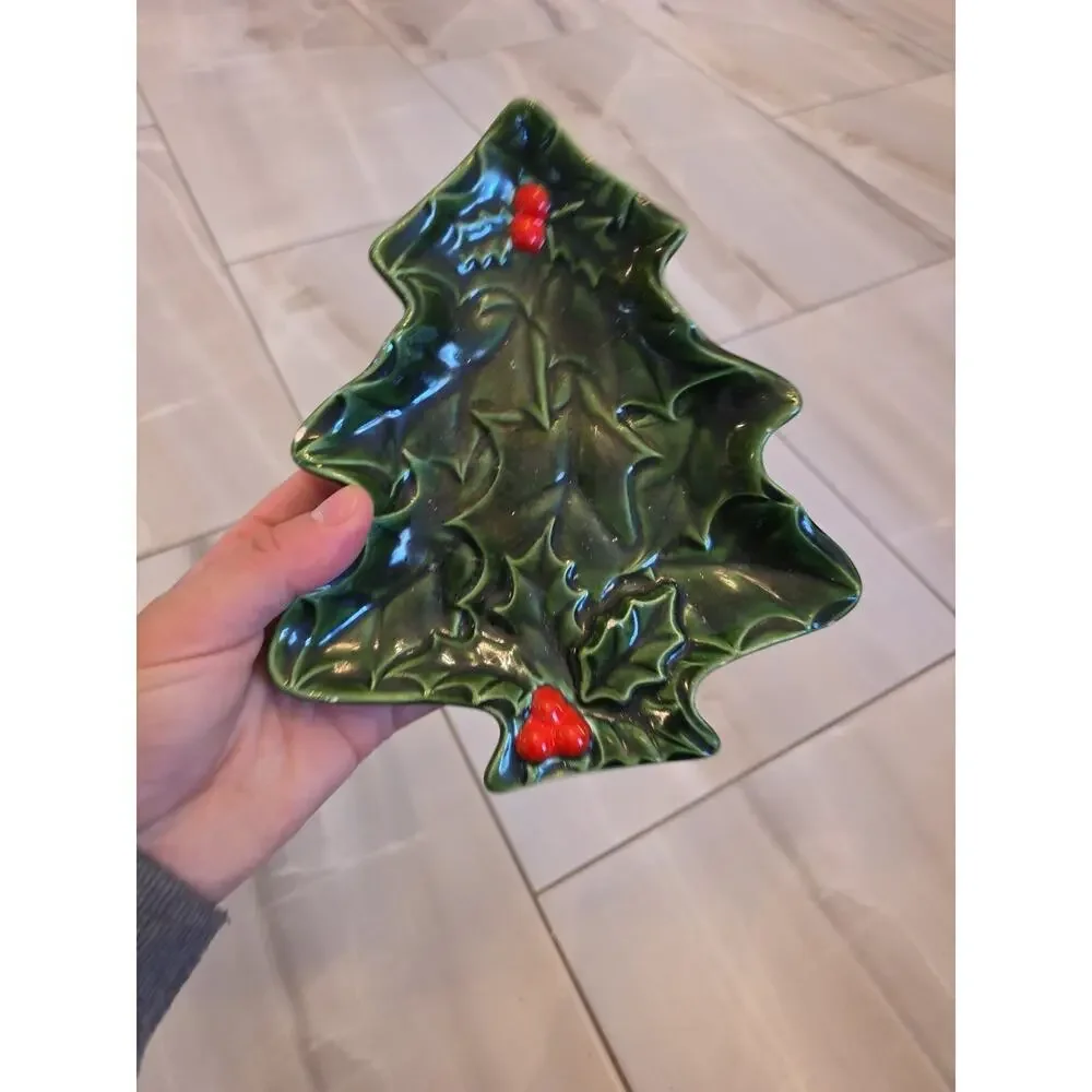 Vintage Lefton Green Holly Christmas Tree Candy Dish , Holly Berries‎ 1971/72